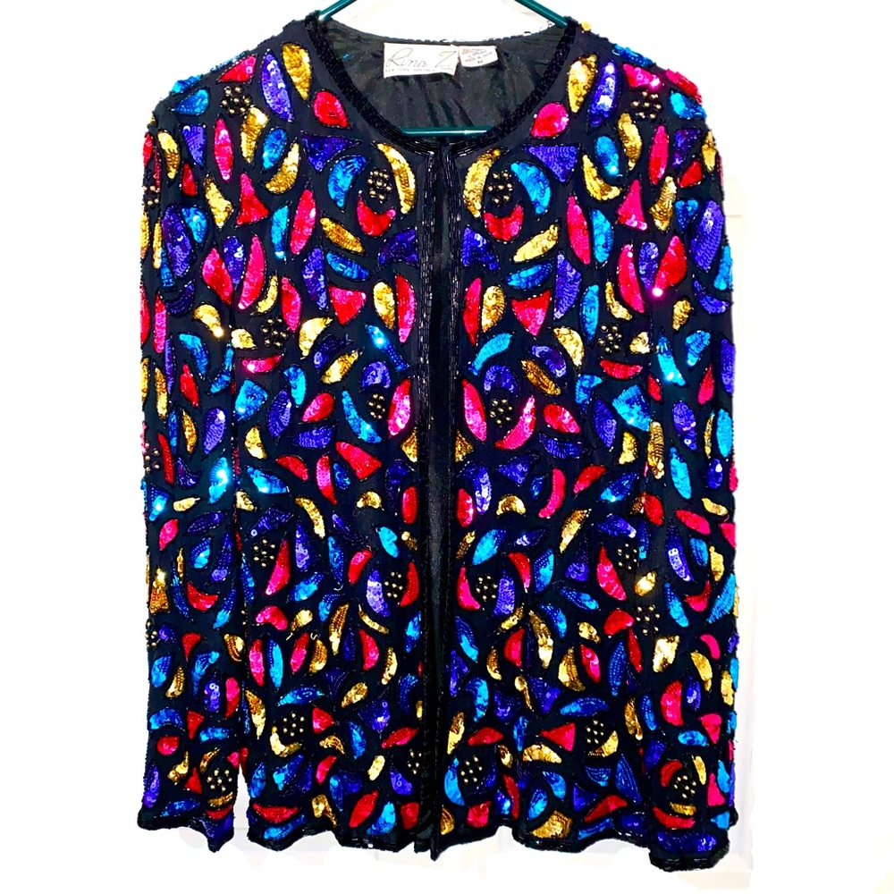 Vintage Rina Z Sequin Jewel Tone & Black Blazer SZ Medium